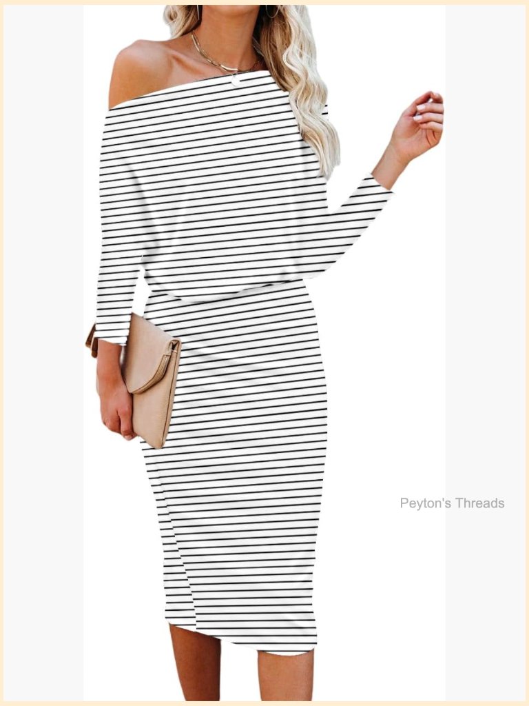 Off Shoulder 3/4 Sleeve Batwing Bodycon Midi Dress Party Cocktail